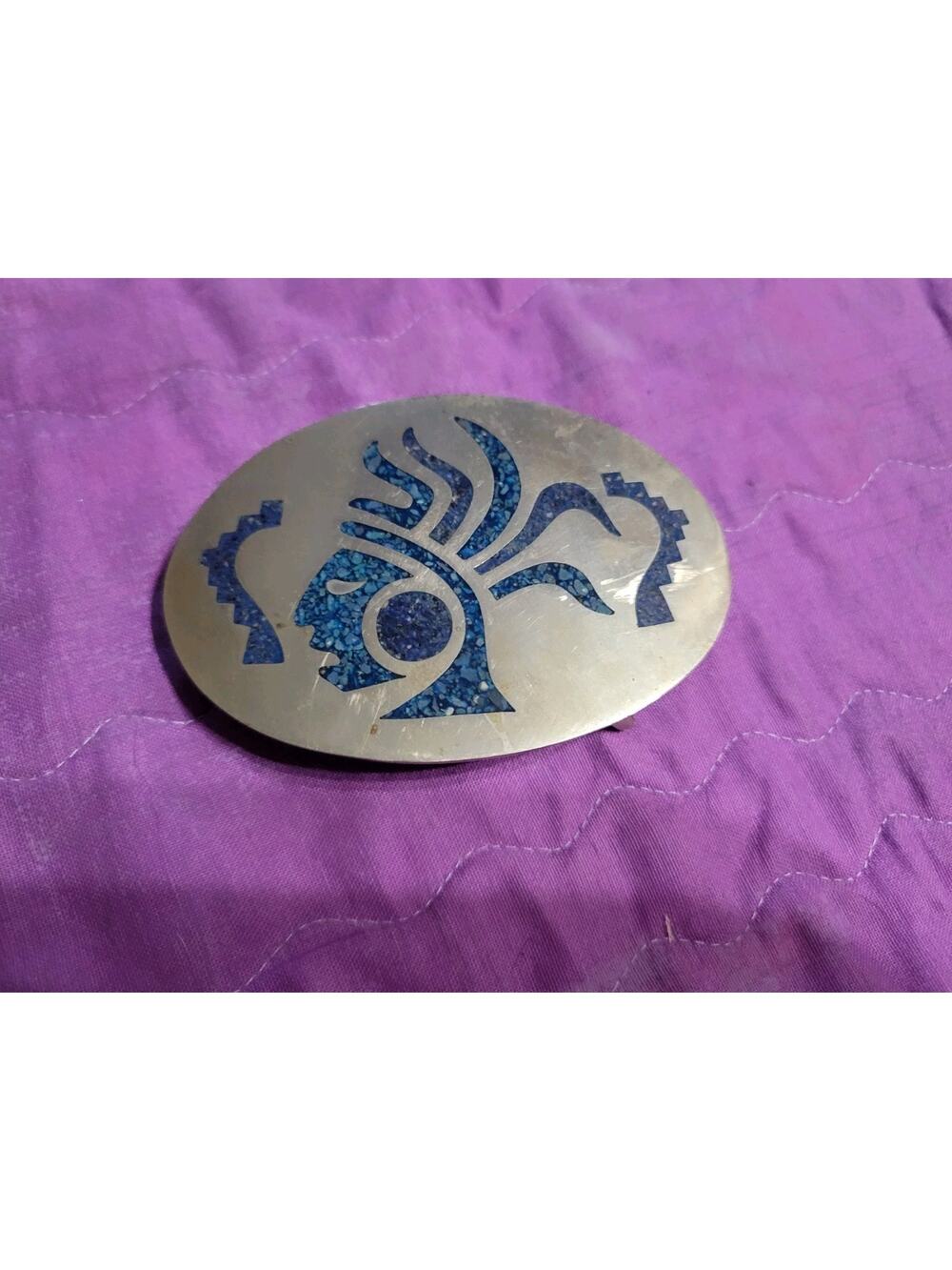 Vintage Silver Tone Turquoise Mexico Belt Buckle